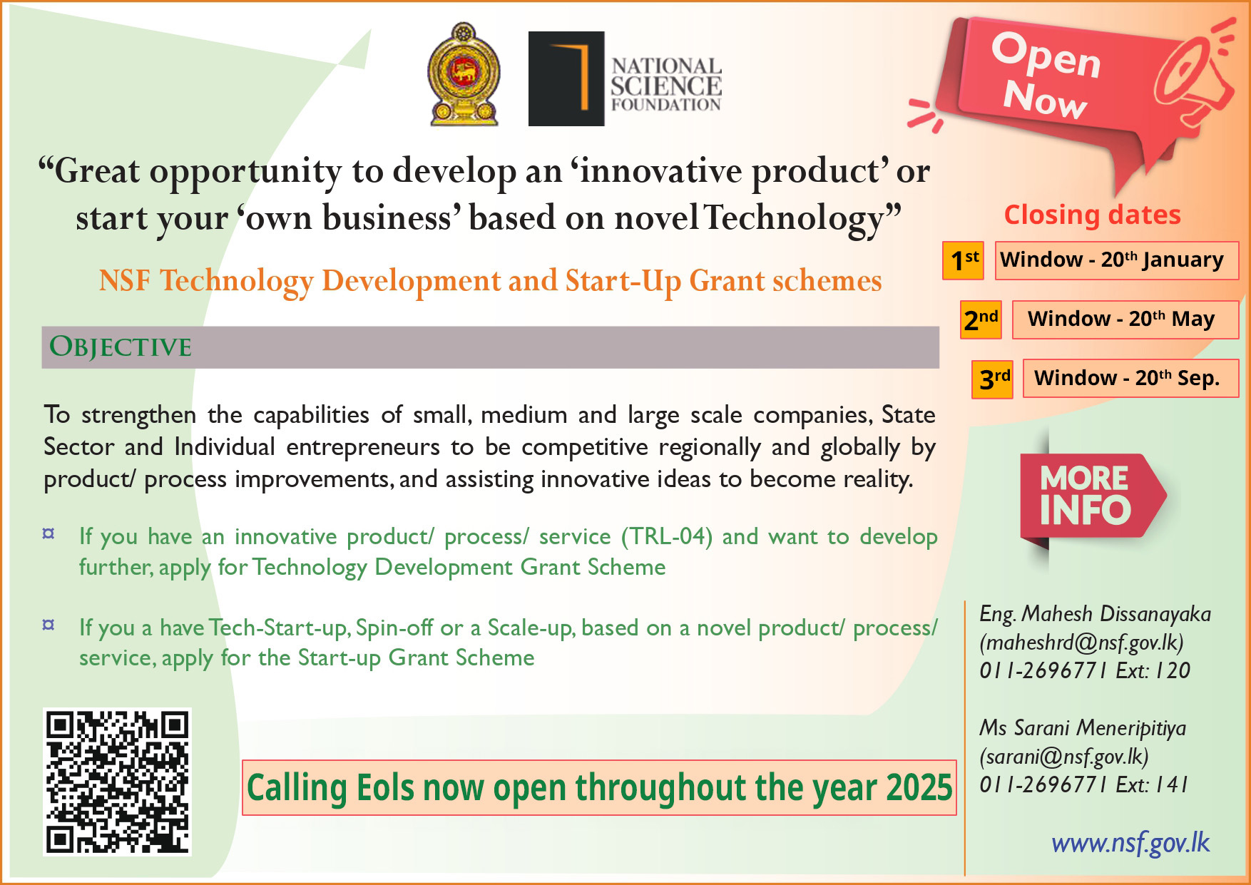 NSF Technology Development and Start-up Grants Schemes are now open